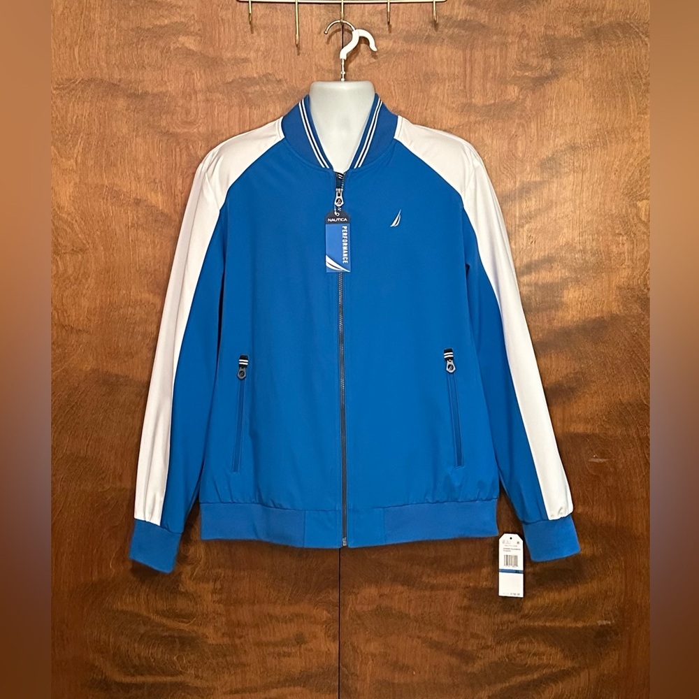 Nautica Full Zip Fall Bomber Jacket Mens XL Blue & White Colorblock Long Sleeves